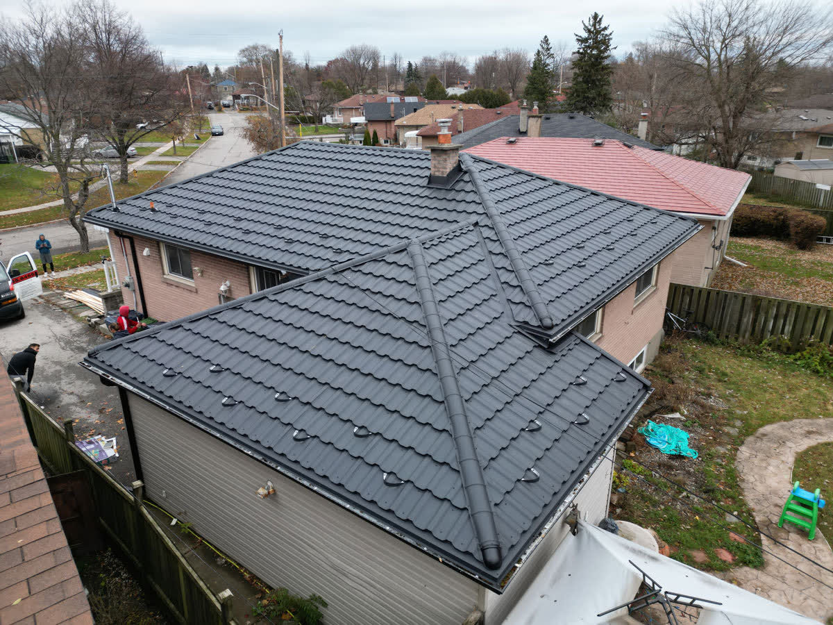 Aerial view of a grey modular steel roof
