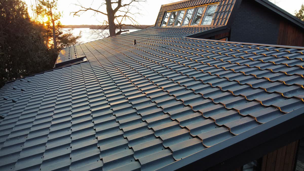 Close-up of steel tiles at sunset